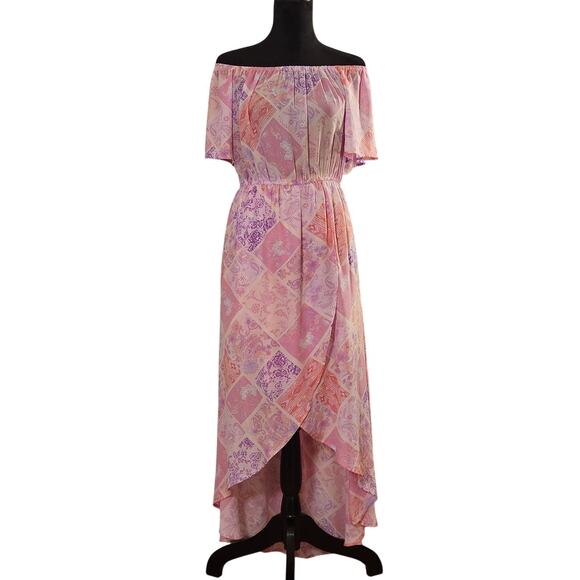 EMILY WONDER NWT Off-Shoulder Pink Patchwork Midi Dress, Women's Size Large - Picture 2 of 13